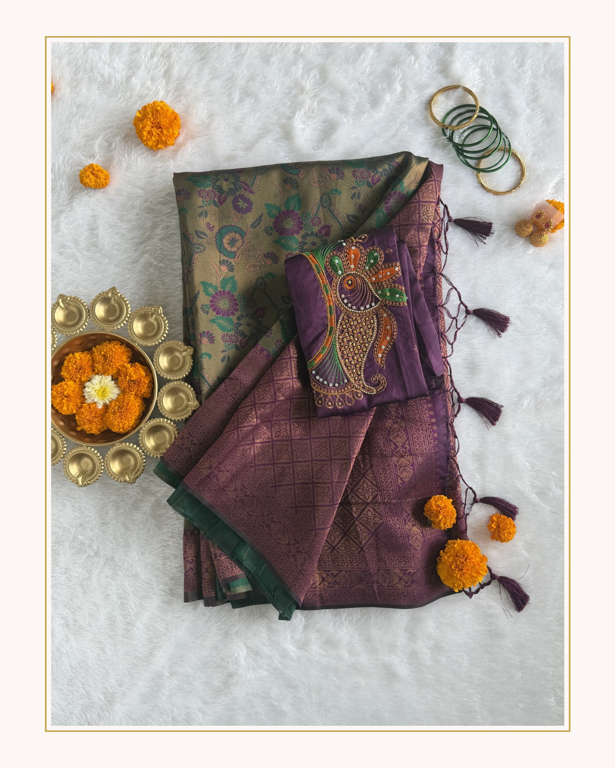 Tissue - Tissue Silk - Purple Green Tassels