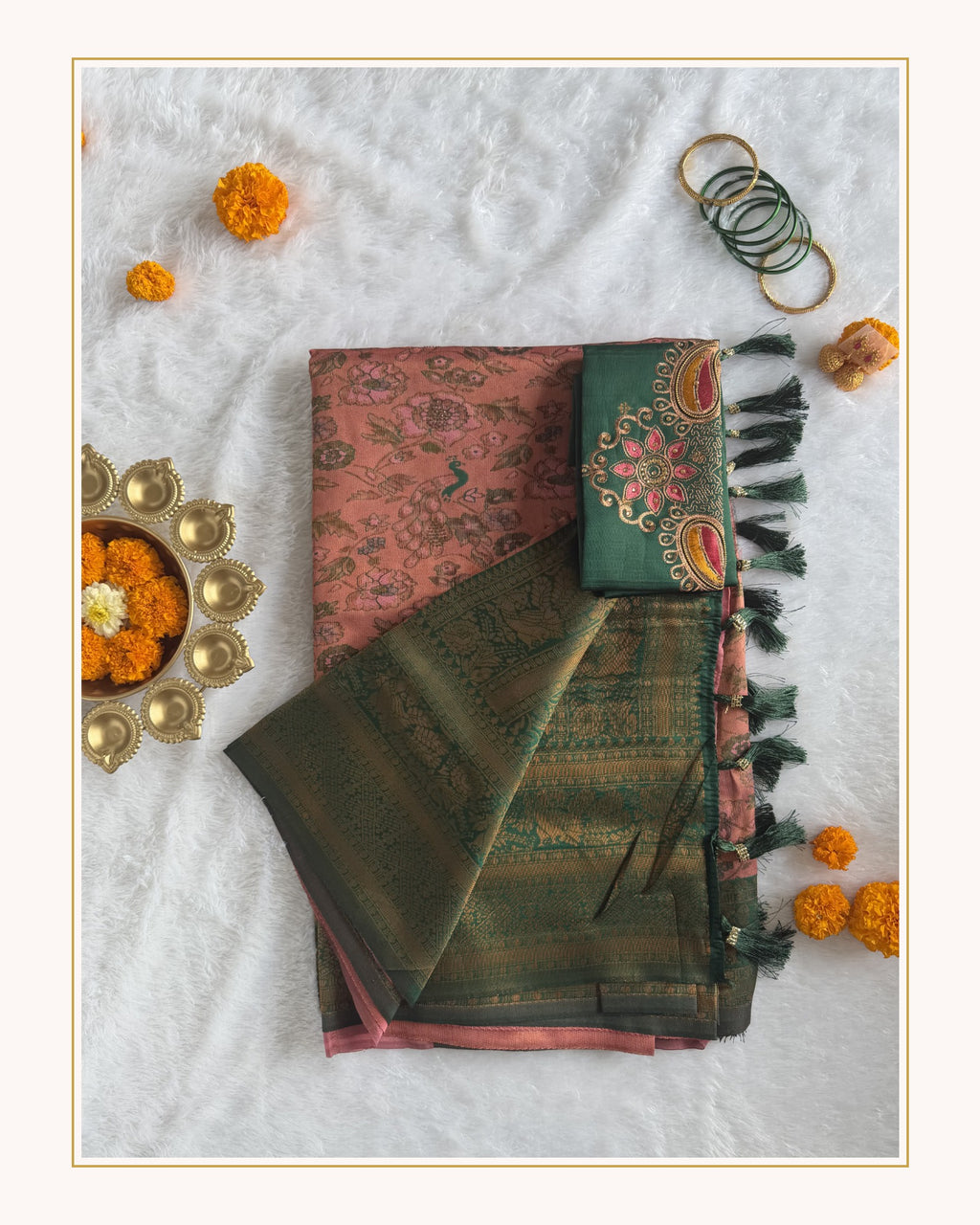 Tissue - Tissue Silk - Peach Green Tassels