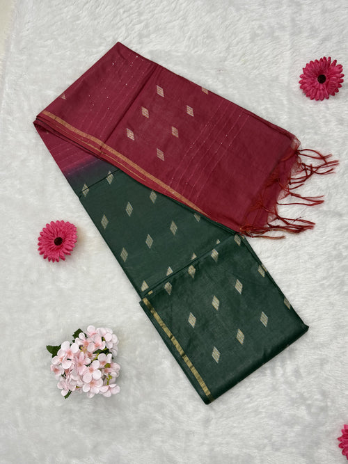 Bhagalpuri Handloom - Cotton - Dark Green Pink