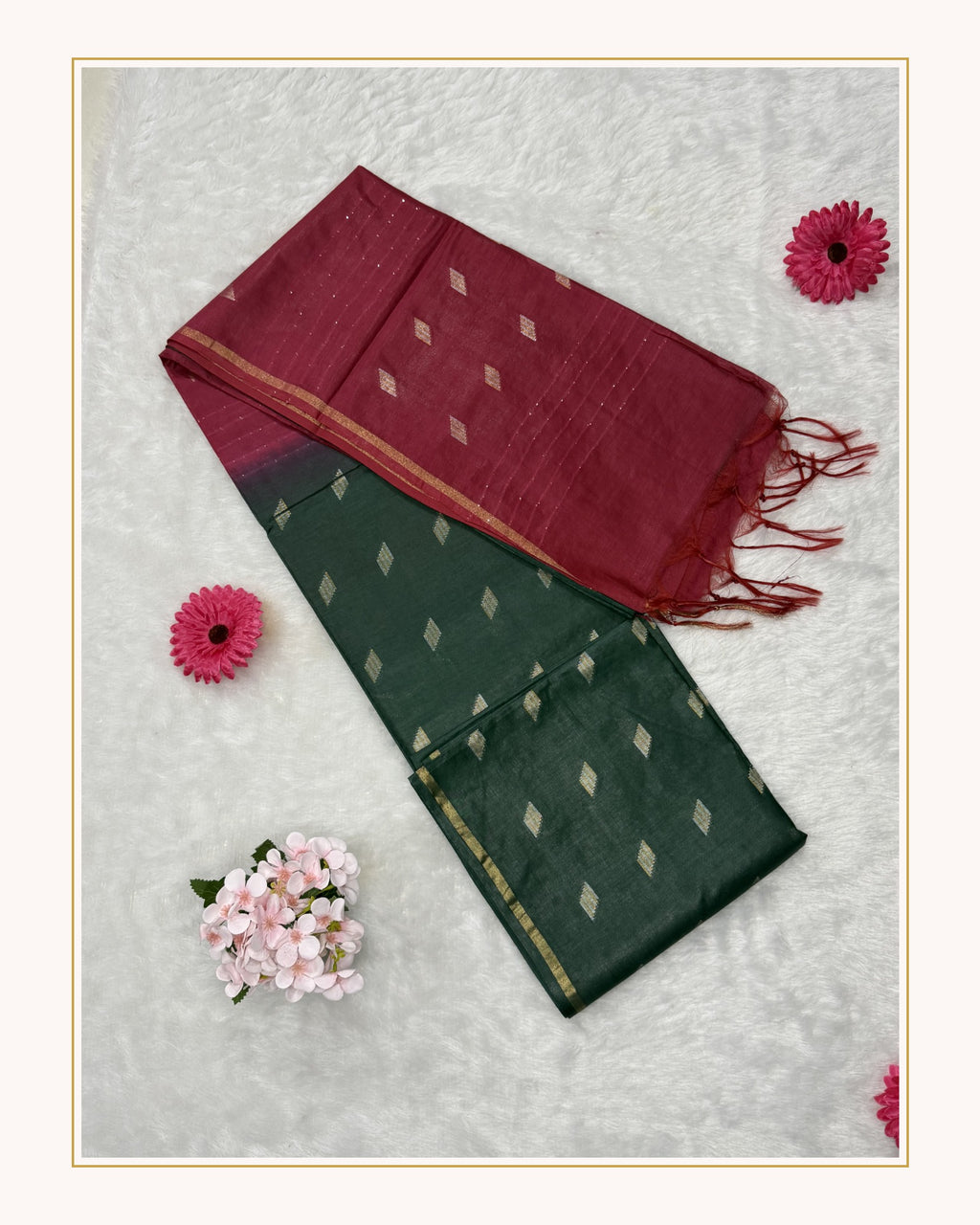 Bhagalpuri Handloom - Cotton - Dark Green Pink