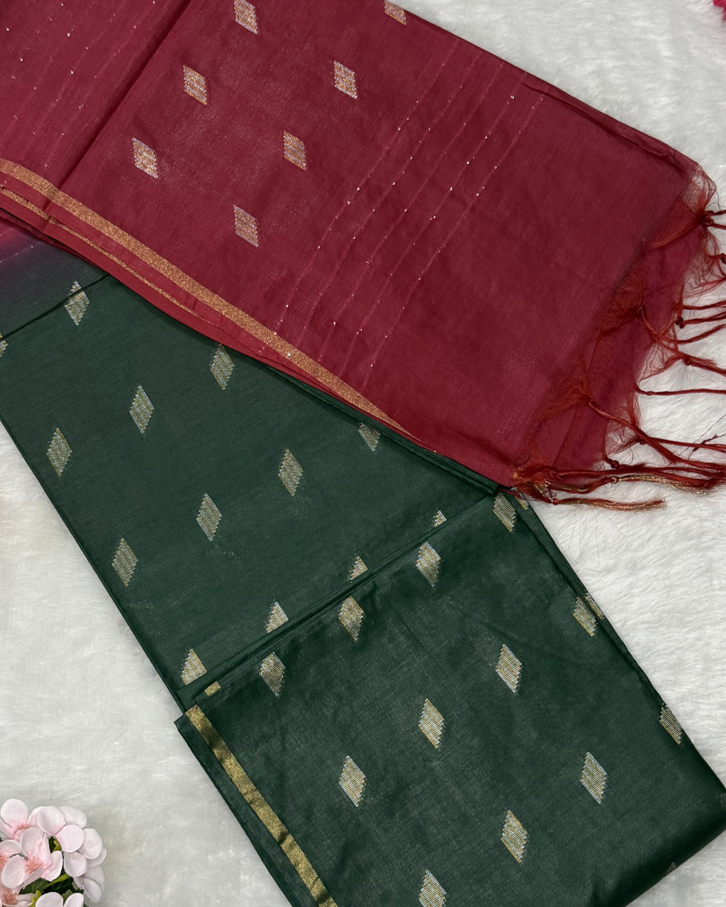 Bhagalpuri Handloom - Cotton - Dark Green Pink