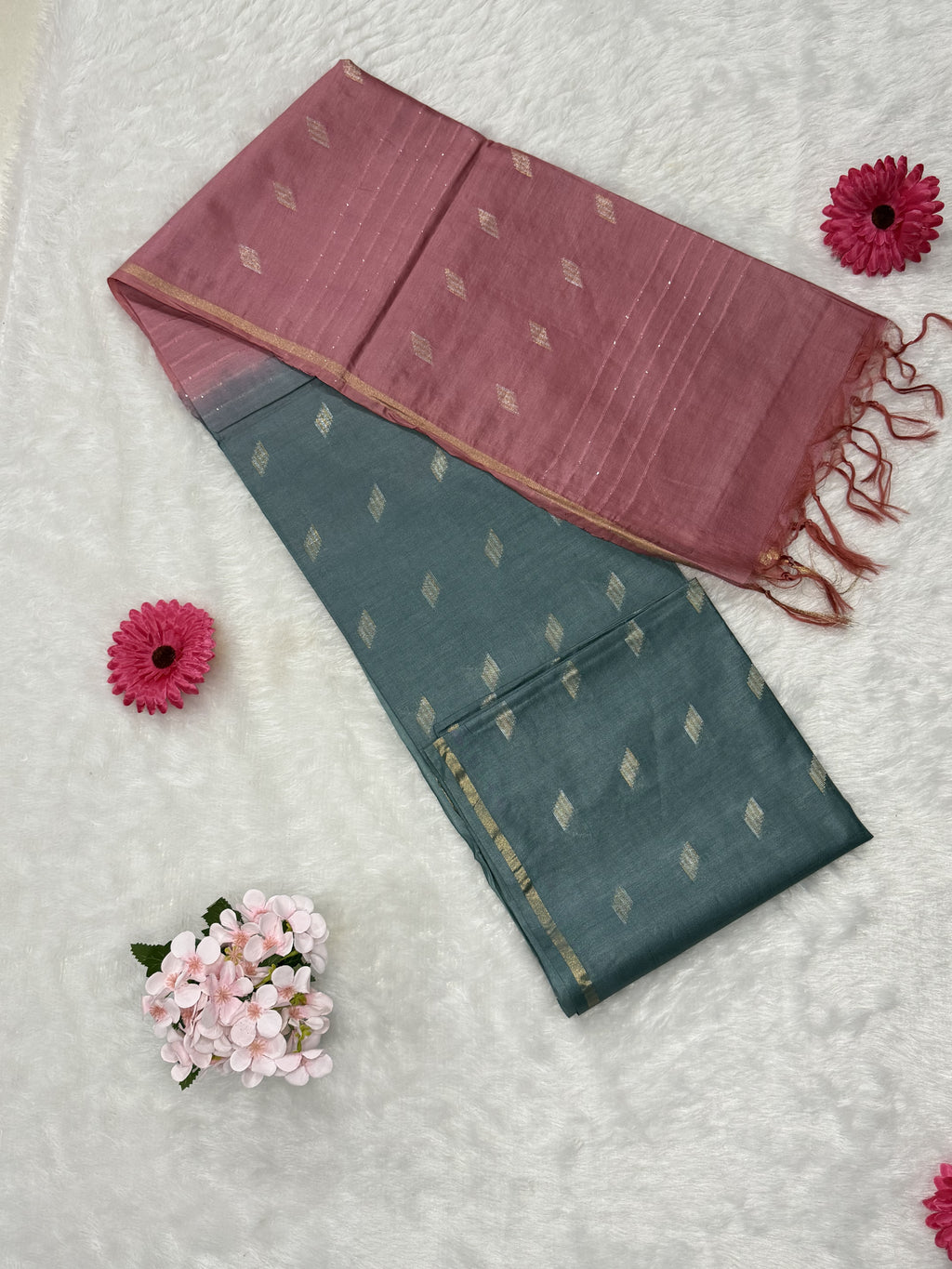 Bhagalpuri Handloom - Cotton - Pink Grey
