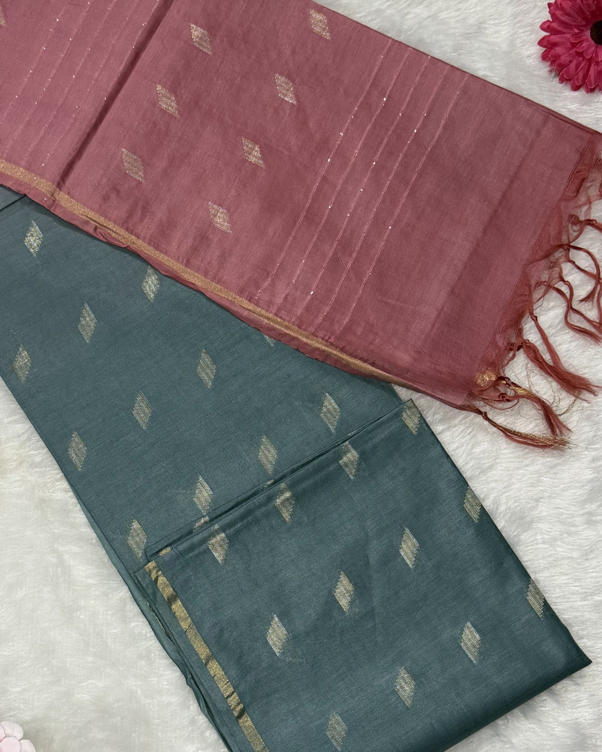 Bhagalpuri Handloom - Cotton - Pink Grey