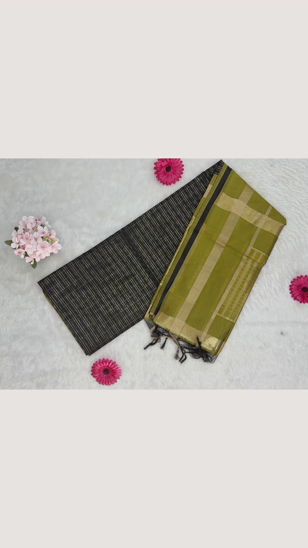 Maheshwari - Cotton Silk - Black Green Gold Lines
