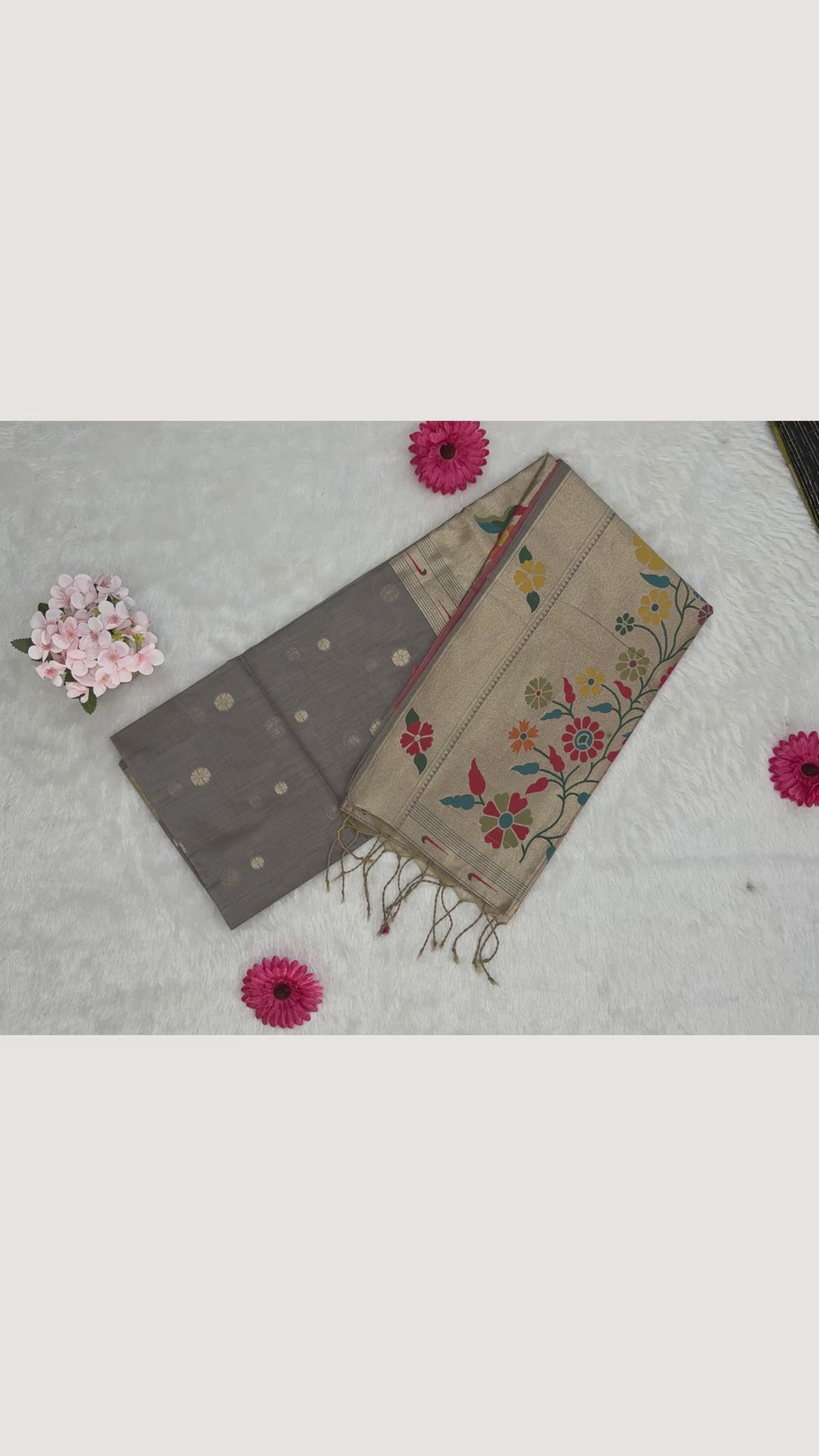 Jamdani - Cotton Chanderi - Grey Marigold