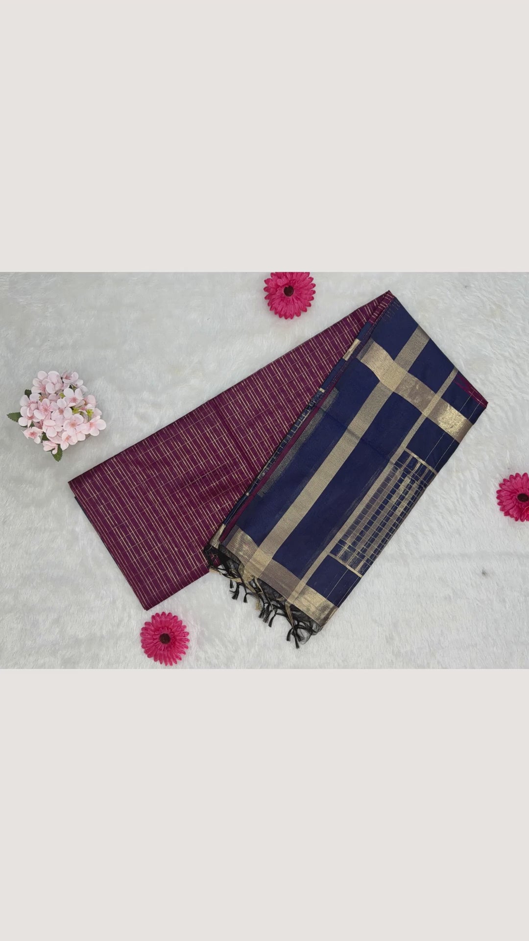 Maheshwari - Cotton Silk - Magenta Blue Gold Lines
