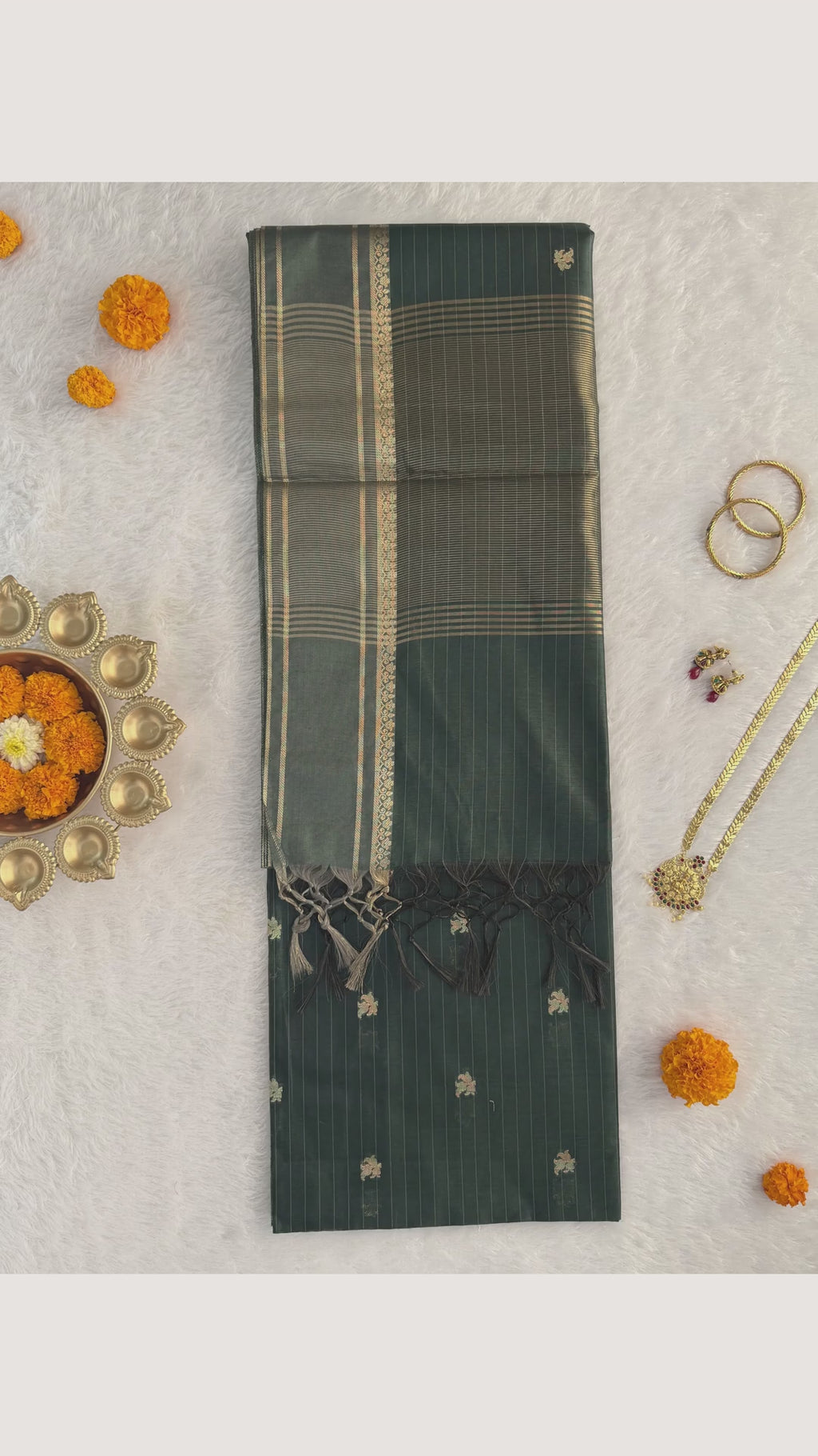 Maheshwari - Cotton Silk - Bottle Green Line Border
