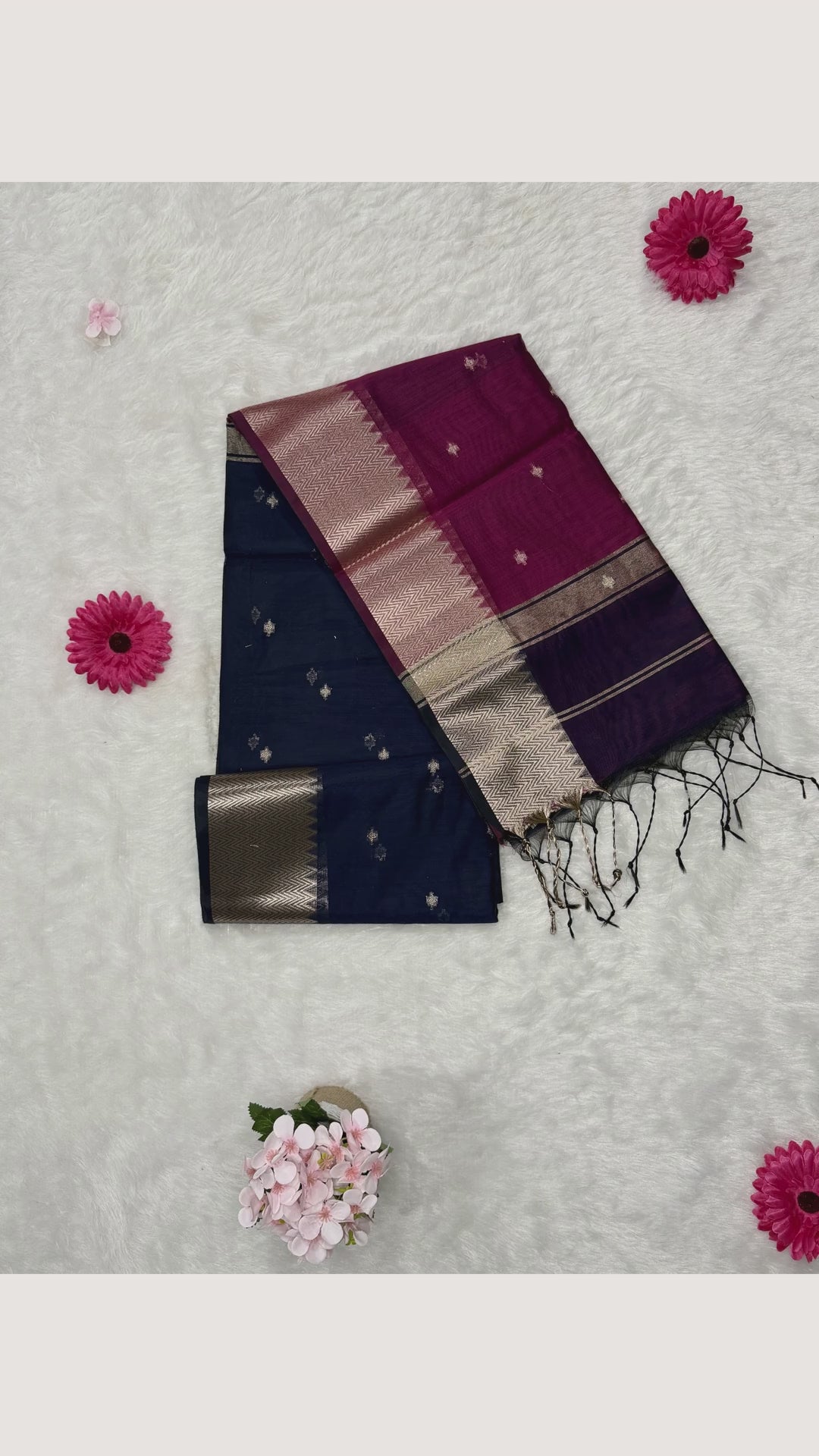 Maheswari - Cotton Silk - Navy Blue Majenta Butti