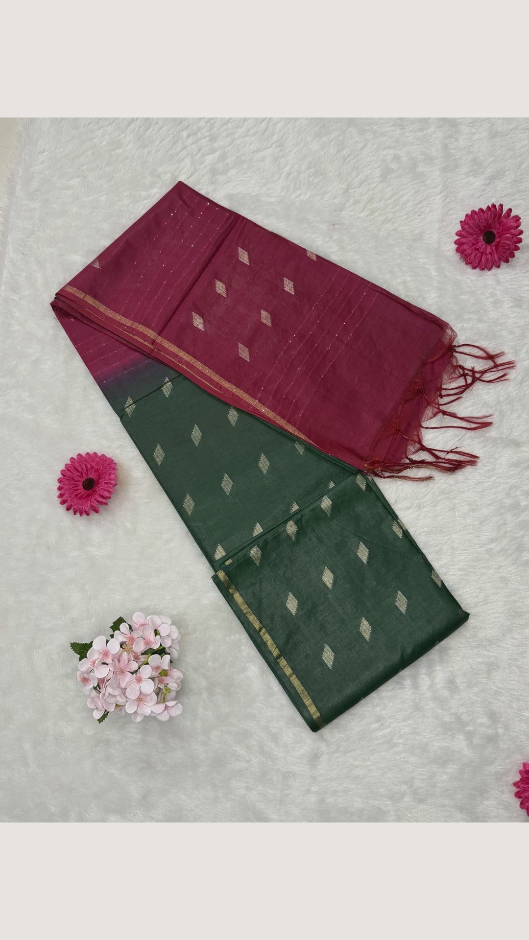 Bhagalpuri Handloom - Cotton - Dark Green Pink