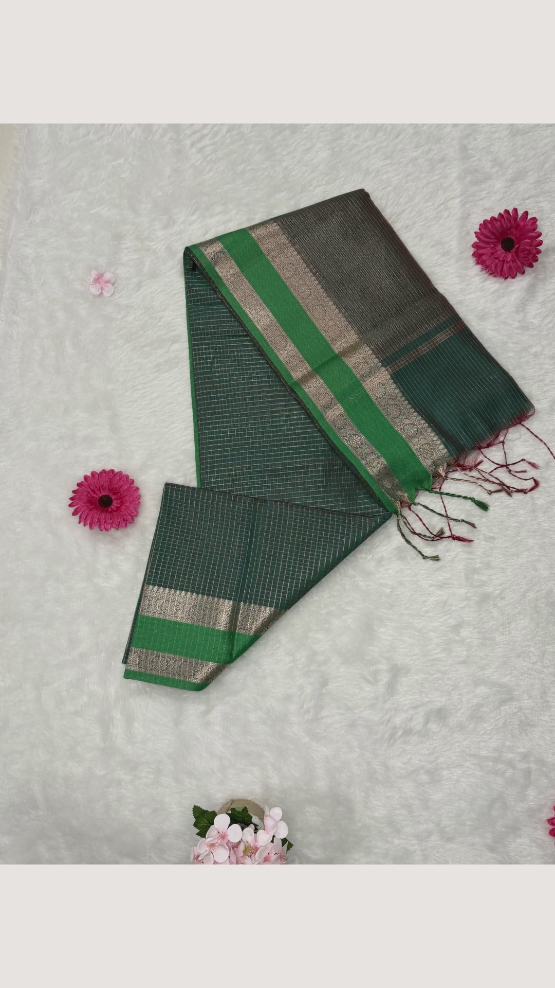 Maheswari - Cotton Silk - Green Red D checks Zari