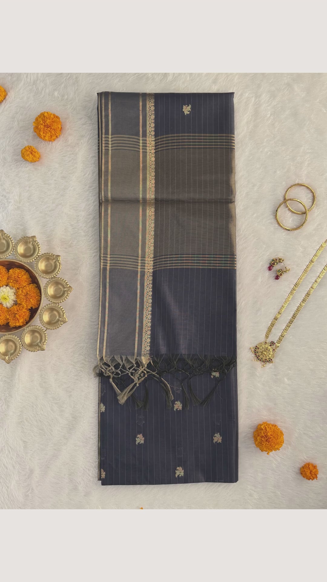 Maheshwari - Cotton Silk - Navy Blue Line Border